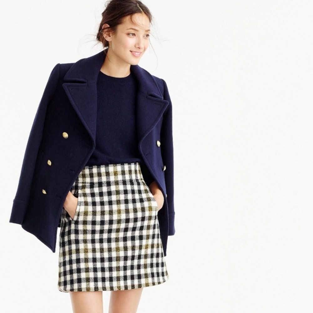J. Crew Plaid Mini Skirt in Black, White, and Tan